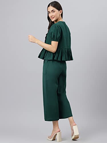 Image of DEEBACO Women's Solid Calf Length Top with Trouser|V-Neck|Short Sleeve|Cord Set for Women Cotton|Jumpsuits Western Dress for Women Stylish|Two Piece Co ord Set|Party Casual Wear(Aqua Blue)