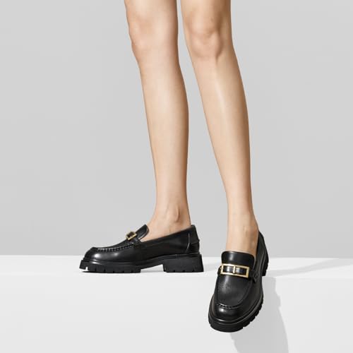 Image of BEAU TODAY Platform Loafers for Women,Chunky Loafers Women,Leather Comfortable Shoes,Lug Sole Metal Buckle Business Work Shoes Black
