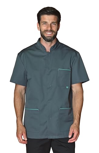Tunique médicale Homme et Femme, Manches Courtes, Col Officier, Polyester Coton recyclé (FR/ES, Alpha/Lettres, L, Taille Normale, Taille Normale, Gris)