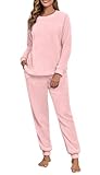 PrinStory Fluffy Pajamas for Women Soft Fleece Warm Pajama Set Fuzzy Pjs Winter 2 Piece Flannel Lounge Sets with Pockets Light Pink-L