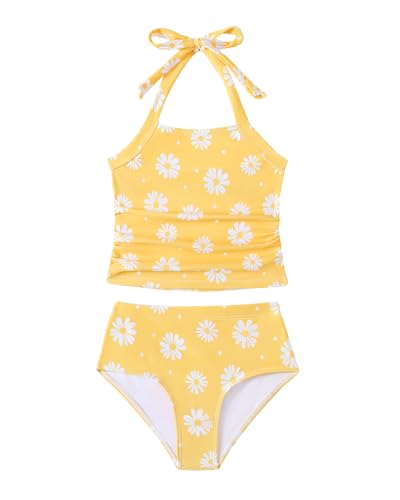 Image of Saeaby Toddler Little Girls Swimsuit Summer Halter Ruched Tankini 2 Piece Bathing Suit for Girl Beach Swimwear 3-8Y