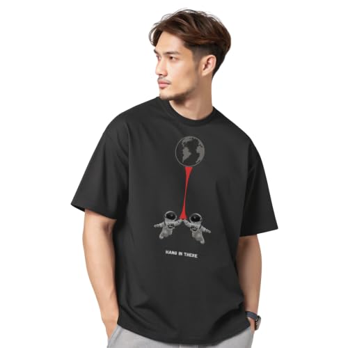 Image of Hang-in-There Men Oversized Fit Back Printed Half Sleeve Cotton T-Shirt Black M