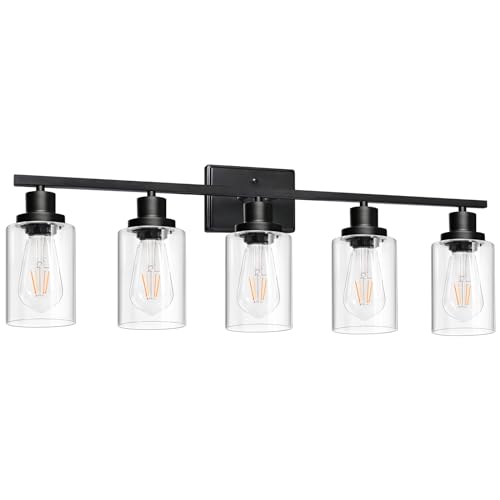 Image of Ascher 5-Light 37.8 inch Wall Sconces, Modern Vanity Light Fixture with Clear Glass Shade, Black Finish Wall Light for Mirror Bedroom Hallway, E26 Base (Bulbs Not Included)
