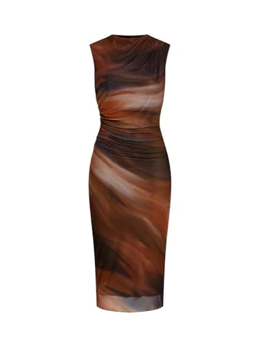 Women's Tie Dye Bodycon Dress Ruched Mock Neck Mesh Elegant Pencil Midi Dresses2