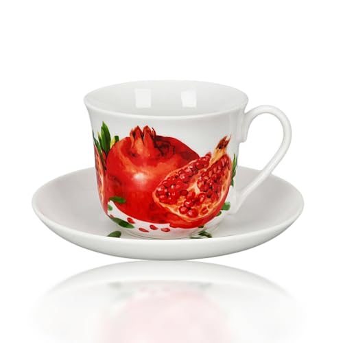 STP GOODS Sweet Pomegranate Large Porcelain Tea Cup with Saucer - 13.5 oz. in Gift Box