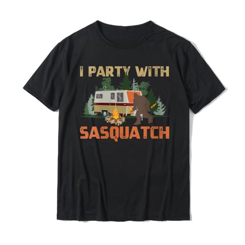 Womens I Party with Sasquatch Bigfoot Camping Vintage Funny Camper T-Shirt Men Design Kawaii Tees Cotton Top T-Shirts Casual Black L