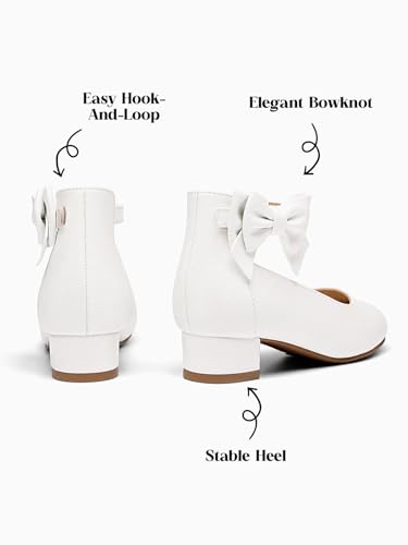Image of Coutgo Girls Dress Shoes Flower Girl Bow Chunky Heels Closed Toe Ankle Strap Pumps Wedding Party Princess Shoes