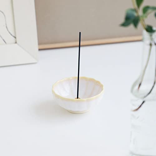 Asayu Japan Mini Lotus Incense Holder For Sticks 4.9 Inch (126 Mm), Traditional Made In Japan Small Ceramic Ash Catcher & Dettachable Brass Incense Burner Stand Set (White And Yellow) #TOP1