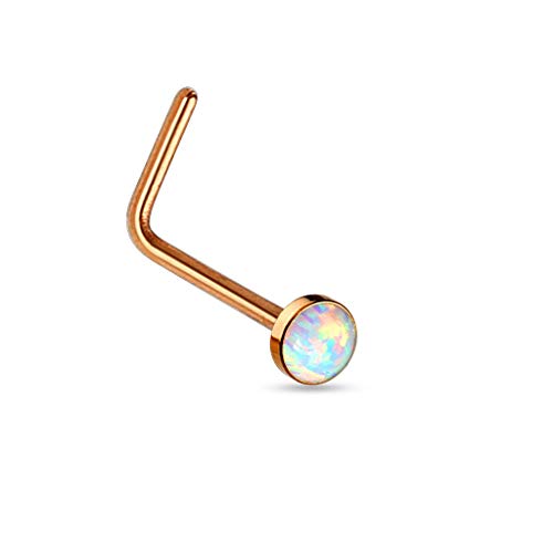 PiercedOff 316L Surgical Steel Rose Gold tone PVD L Bend Nose Stud with Synthetic Opal (T 0.8mm with 2.5mm White Opal)