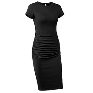 Missufe Women's Ruched Bodycon Sundress Knee Length Sheath Casual T Shirt Dress (Black, Large)