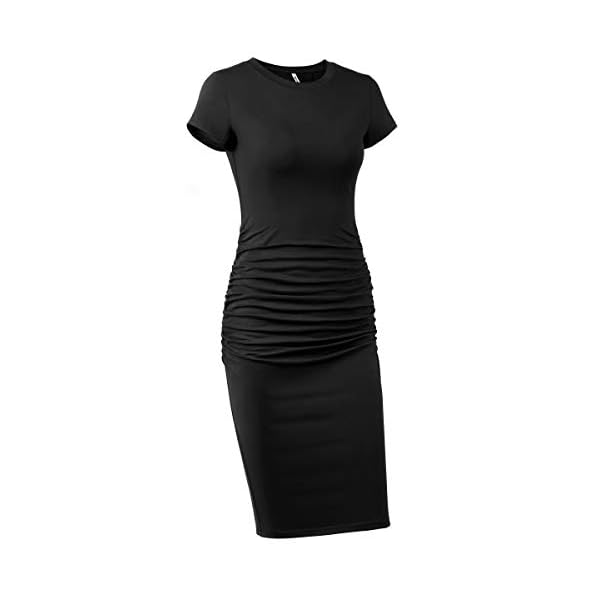Missufe-Womens-Short-Sleeve-Ruched-Casual-Sundress-Midi-Bodycon-T-Shirt-Dress Missufe Women's Ruched Bodycon Sundress Knee Length Sheath Casual T Shirt Dress (Black, Large)