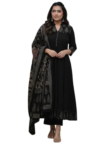 Image of GoSriKi Women's Rayon Viscose Anarkali Printed Kurta Pant with Dupatta | Anarkali Kurta Set for Women | Flared Kurti Pant Set | Ethnic Printed Suit for Women