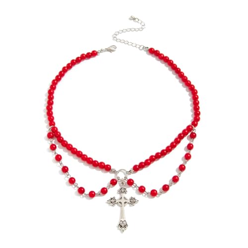 Kokoma Collar con colgante de cruz de cuentas rojas góticas vintage, gargantilla de cruz adornada de plata, cadenas en capas, joyería punk para fiesta de Halloween