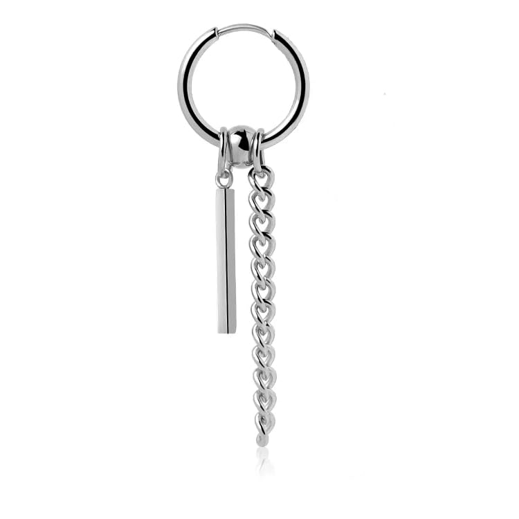 CHAIN AND BAR HUGGIE HOOP SILVER - Pure Titanium Steel Ear Hoop Earrings for Men & Boys