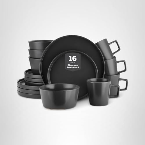 Stone Lain Celina Stoneware 16 Piece Dinnerware Set, Plates and Bowls, Black Matte Dish, Service for 4 – Minimalist Round Style, Microwave & Dishwasher Safe