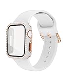 Compatible with Bling Apple Watch Band 38mm 40mm 41mm 42mm 44mm 45mm for Women, Soft Silicone Strap with Glitter Diamond Case + Glass Screen Protector for iWatch Series 9 8 7 6 5 4 3 2 1 (45mm, White)