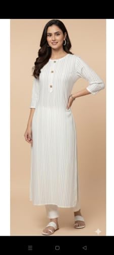 Image of Women's Off-White & Blue Striped Straight Cotton Kurta with Round Neck and Decorative Buttons