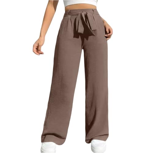 Pantalones Mujer Verano Casuales Algodón Vintage Cintura Alta Elástico Pantalones Rectos con Cordón Verano con Bolsillos Ligeros y Cómodos Frescos Anchos Palazzo Pantalones(3-Coffee,L)