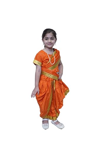Image of Kaku Fancy Dresses Silk,Polyester Marathi Girl Lavni Folk Dance Costume With Jewellery For Kids - Orange, 10-12 Years
