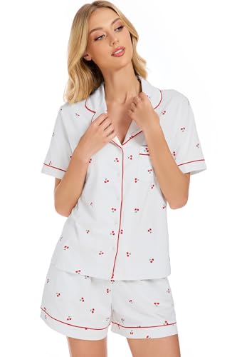 Image of LUBOT 100% Cotton Pajamas for Women 2 Piece PJ Set Button-Down Soft Knit Short Sleeve Summer Sleepwear Loungewear XS-XXL