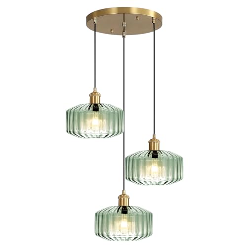 Image of Vintage Farmhouse Mint Green Ribbed Glass Pendant Light, Gold 3-Light Hanging Lamp for Kitchen Island Dining Room Breakfast Nook Pantry