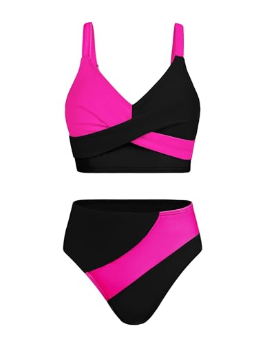 Image of Girls Swimsuits Bikini Set Color Block Criss Cross V Neck Teen Girl Swimsuit Two Piece Cut Bathing Suit