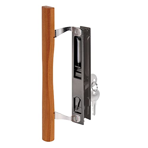 Prime-Line C 1032 Keyed Sliding Glass Door Handle Set – Replace Old or Damaged Door Handles Quickly –Wood and Black Painted Diecast, Hook Style, Flush Mount, Fits 6-5/8 in. Hole Spacing (1 Set)