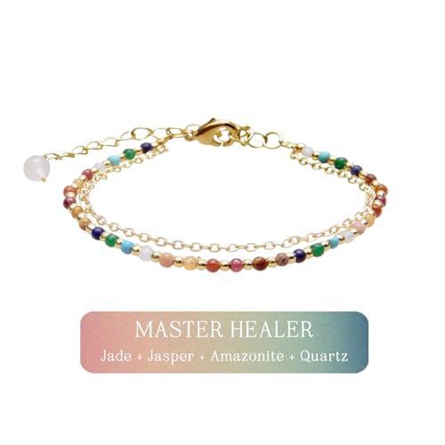 Lotus and Luna 2MM Master Healer Energy Chakra Healing Dainty Layered Bracelet with Real Stones Jade, Pearl, Rose Quartz, Amethyst, Moonstone4