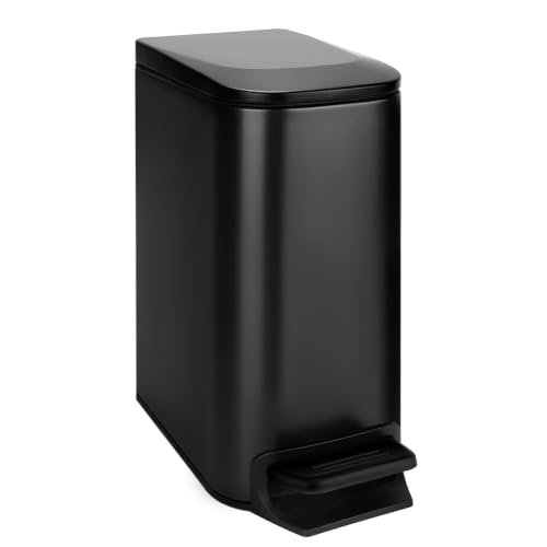 Image of TIPGO Small Bathroom Trash Can with Lid, 1.6 Gal, Soft Close, Matte Black | Stainless Steel, 5.9'' Slim for Narrow Space, Foot Pedal, Soft Quiet Lid, Anti-fingerprint, Removable Inner Bucket, Odor Seal