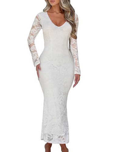 Ekaliy Women Bodycon Maxi Dress 2025 Fall Floral Lace Elegant Flare Sleeve Fitted Formal Wedding Guest Cocktail Dresses