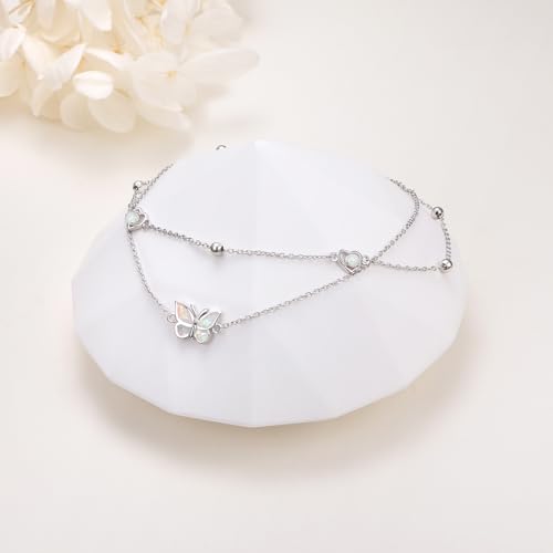 Image of Flyow Anklet for Women S925 Sterling Silver Adjustable Foot Beaded Heart Charm Ankle Bracelet Anklets Jewelry