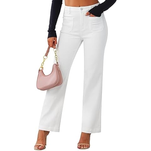 Genleck Wide Leg Jeans for Women – High Waisted Stretch Front Patch Pockets Trendy Jeans Baggy Mom Tummy Control Denim Pants(10, White) Cover
