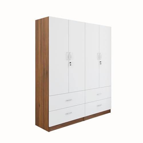 Image of VIKI Wardrobe |Wooden Almirah for 4 Door 4 Drawer with Shelves & Hanging Space Wardrobe (Walnut |White - 40D x 160W x 180.8H) | 1 Year Warranty | Free Assembly