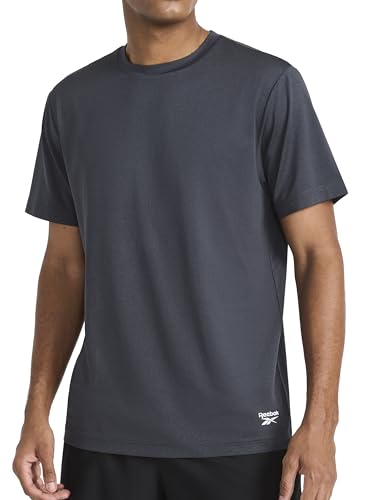 Reebok Mens Sonic Bolt Short Sleeve Crewneck T-Shirt Standard Fit Lightweight Cool Touch Jersey Fabric Black Heather Medium