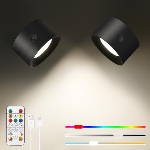 Comius Sharp Lámpara de Pared 2 Pcs, Apliques Pared Interior Giratoria de 360° con Carga USB, Control Táctil y Mando a Distancia, 16 RGB Colores, para Dormitorio Sala de Estar Lectura