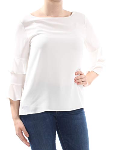Calvin Klein Womens White Tiered Ruffle Sleeves Jewel Neck Top Size M
