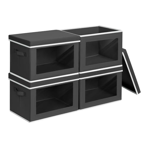 Image of Homsorout Storage Bins with Lids - Small Fabric Organizers with Window, Collapsible Storage Bins for Clothes, Decorative Closet Organizers for Towels, Tshirt, 4 Pack, Black