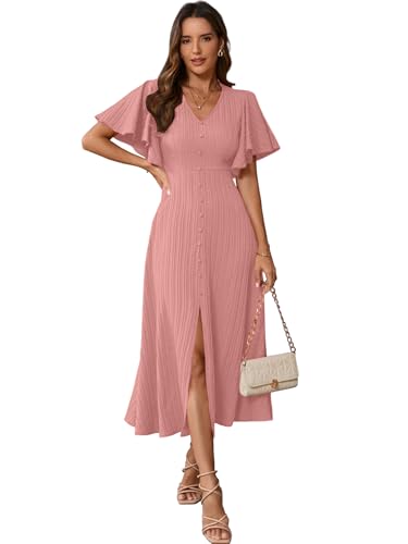 Image of Shasmi Girl's & Women's Pleated Midi Dress with Flutter Sleeves | V-Neck Western Dress for Women | Elegant A-Line Summer Outfit | Office & Casual Wear (Dress 244)