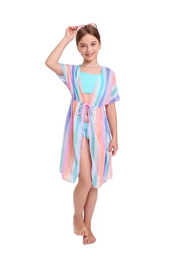 Image of Girls Bikini Set 3 Piece - Striped Multicolored Swimsuit with Quick Dry Cover Up - Bathing Suit for Kids 6-14 Years