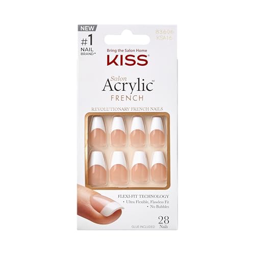 KISS Salon Acrylic, Press On Nails, Nail glue included, 'Je T'Aime', White, Medium Size, Coffin Shape, Includes 28 Nails, 2g glue, 1 Manicure Stick, 1 Mini File
