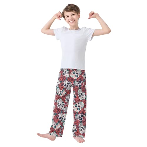 Skull with Rose Floral Boys Long Pants Soft Trousers Elastic Waist Kids Lounge Bottoms with Pockets S-XL2