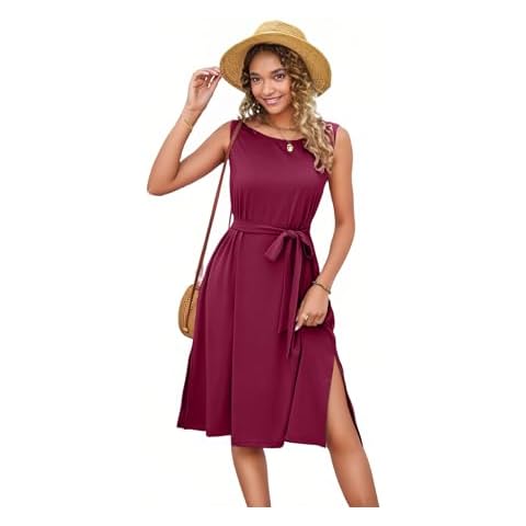 Amstt Women's Elegant Round Neck Sleeveless A Line Dress Belt Loose Evening Party Split Dresses with Pockets (US, Alpha, Medium, Regular, Regular, Burgundy) Cover
