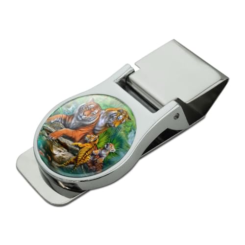 Bengal Tiger Family Satin Chrome Plated Metal Money Clip
