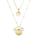 Shell Necklaces for Women 14k Gold Plated Layered Starfish Conch SeaShell Pearl Pendant Charm Necklace Adjustable Stainless Steel Chain Summer Beach Jewelry (Gold Shell)