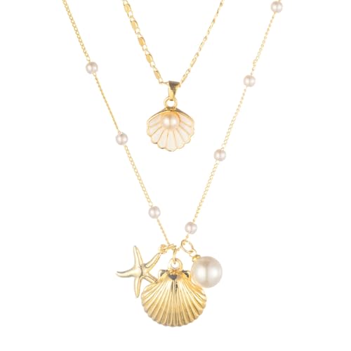 Shell Necklaces for Women 14k Gold Plated Layered Starfish Conch SeaShell Pearl Pendant Charm Necklace Adjustable Stainless Steel Chain Summer Beach Jewelry