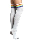 Lookswe Womens Over Knee High Socks Sexy Sparkle Rhinestone Stockings Long Casual Socks White Rainbow Stripe