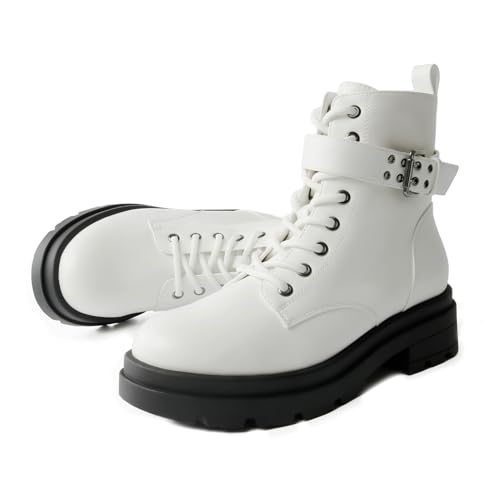 Women's Ankle Boots Classic Low Heel Womens Motorcycle Boots Straps Zippers Lace up Fashion Combat Booties for Women with Buckle Straps4