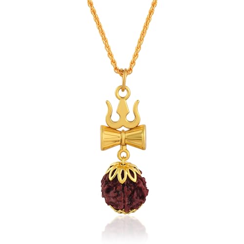 Waghacart - Colgante unisex de latón chapado en oro con cadena de Shiva Trishul Damru y Rudraksha, joyería religiosa