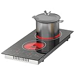 12 Inch Electric Stove Top, 2 Burners Ceramic Cooktop with 110v Plug, Portable Electric Cooktop with Beautiful Wooden Pattern
