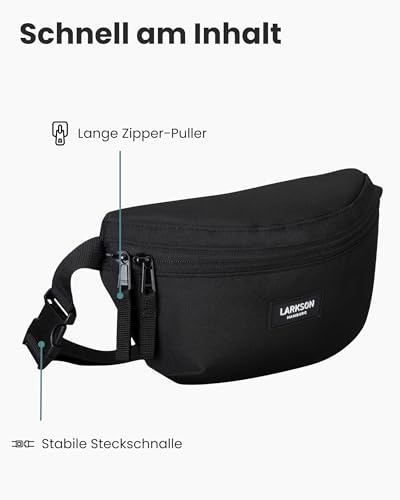 LARKSON Bauchtasche Damen & Herren Schwarz - Finn - Hüfttasche für Sport Outdoor Stadt - Gürteltasche Stylisch für Festival - Crossbody Bag mit Gurt - Wasserabweisend